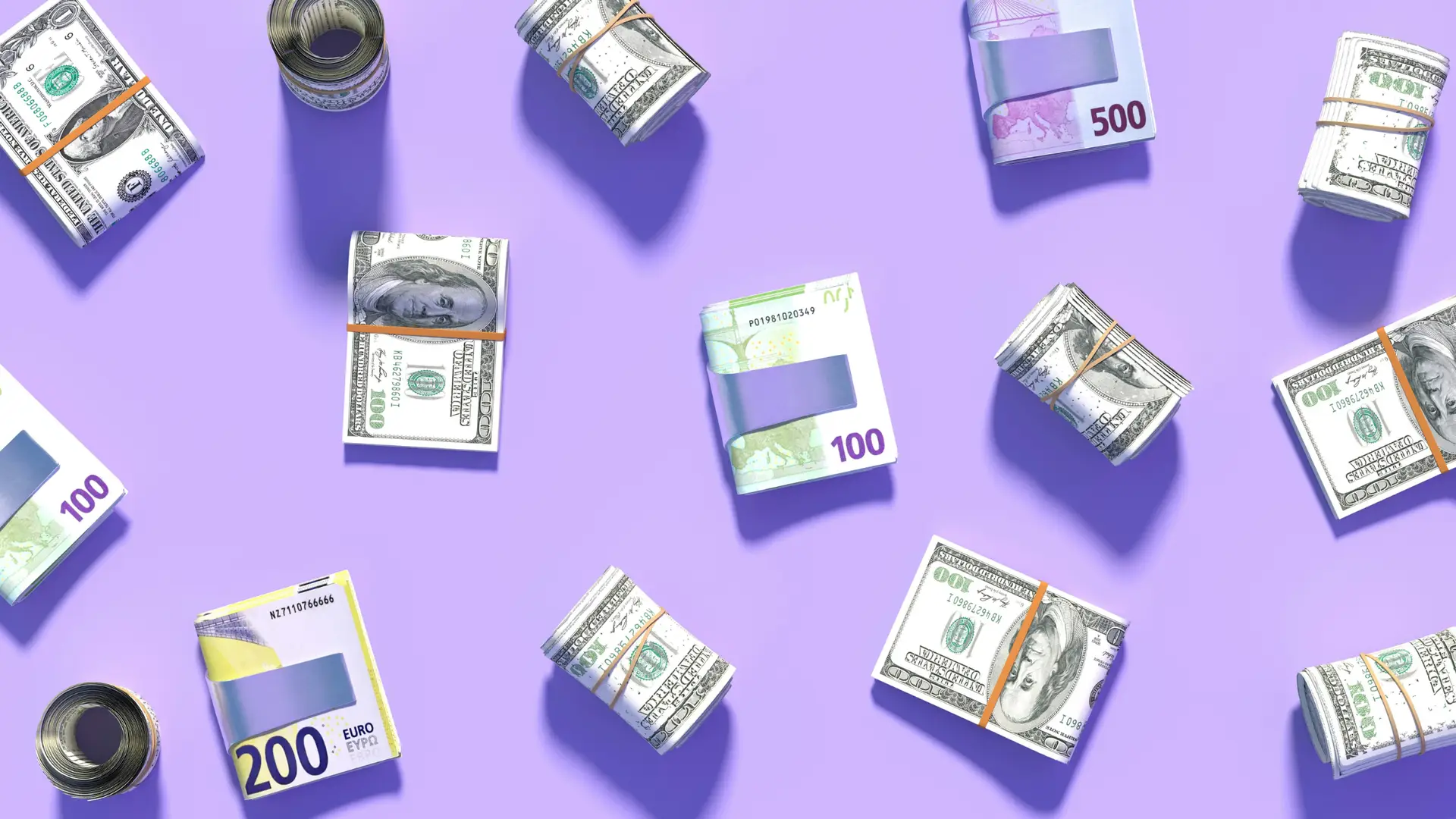 Piles of different currency money notes sit against a stylised purple background