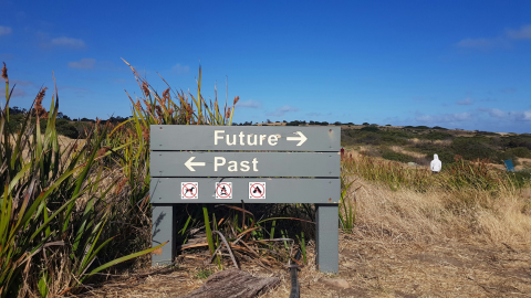A beach sign pointing to the future and also to the past