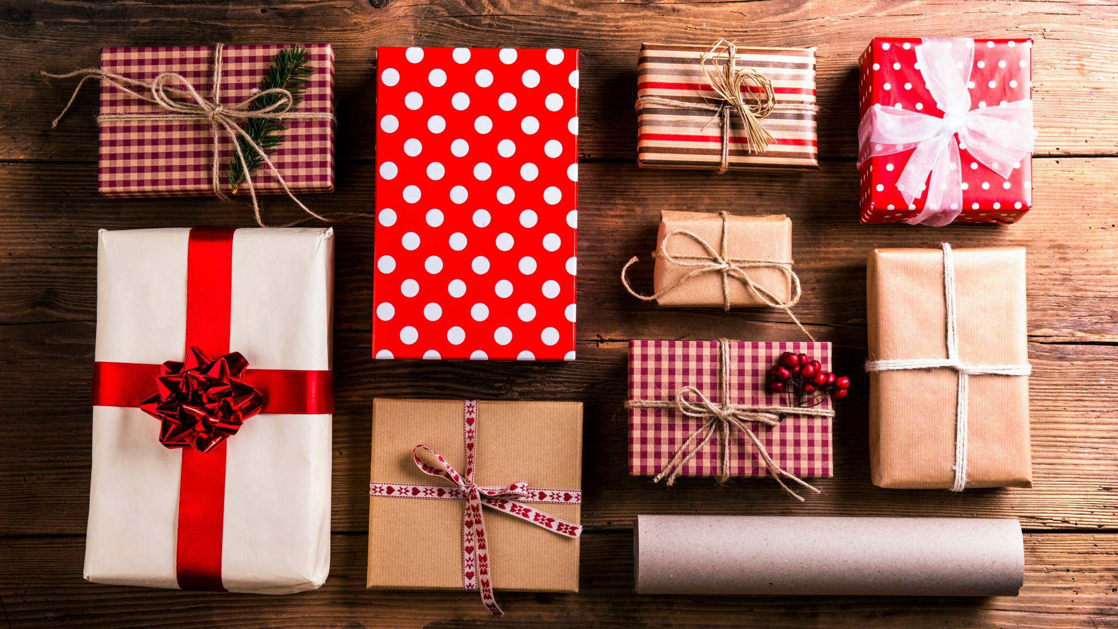 Christmas presents laid out in an organised way