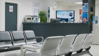 the waiting area at a modern-looking hospital