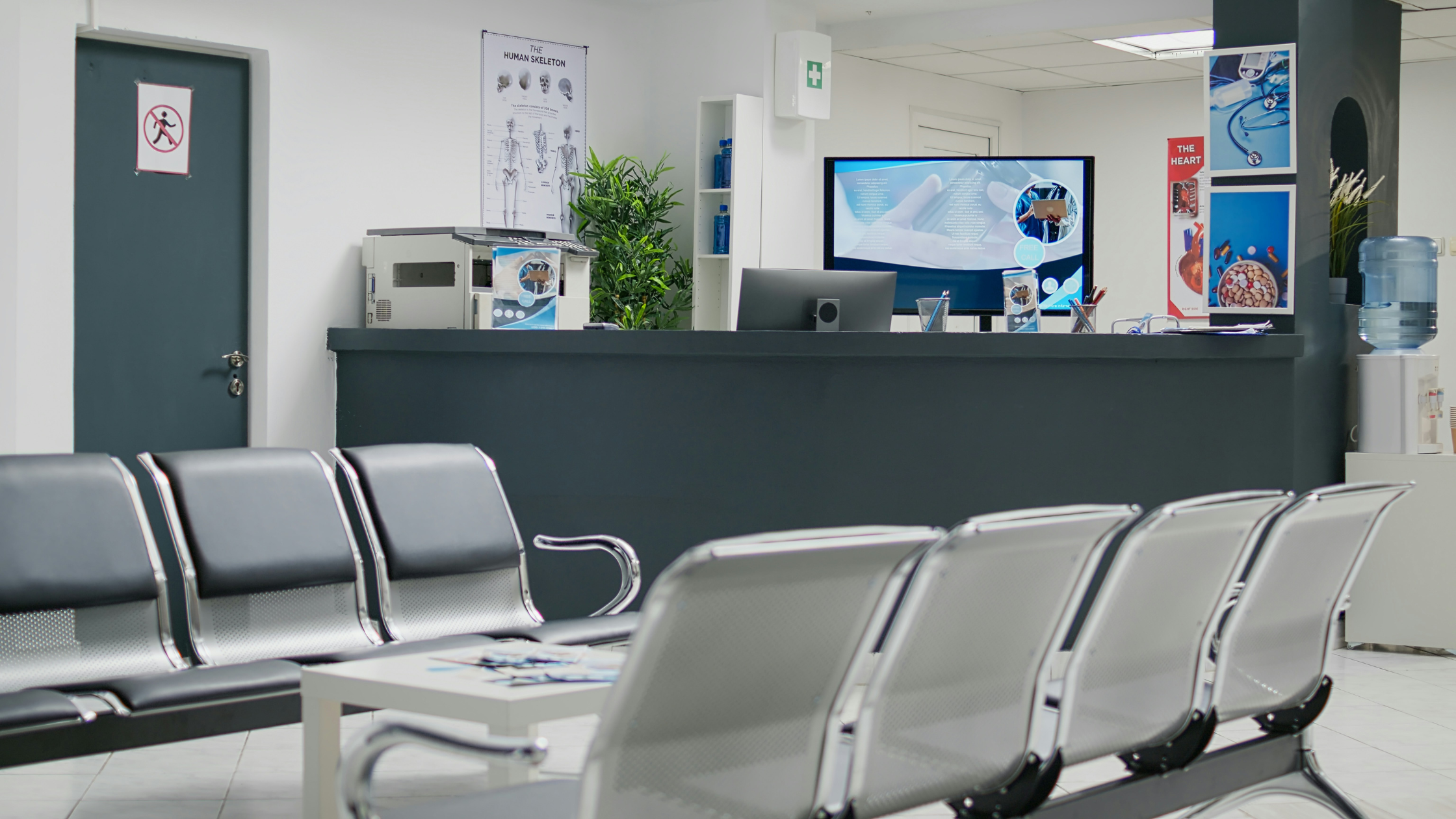 the waiting area at a modern-looking hospital