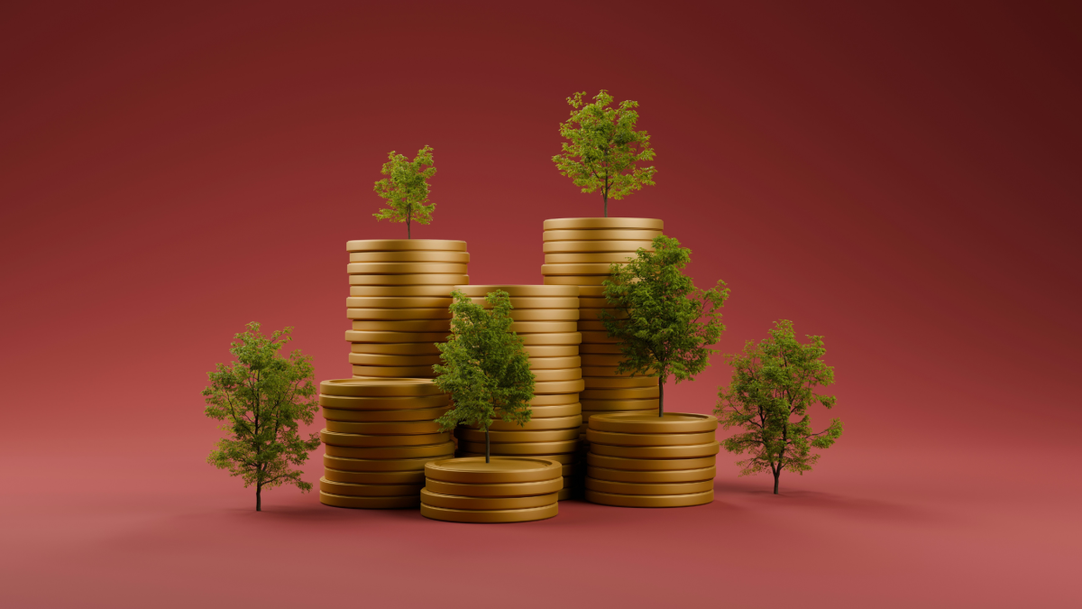 a pile of coins with trees growing out of them