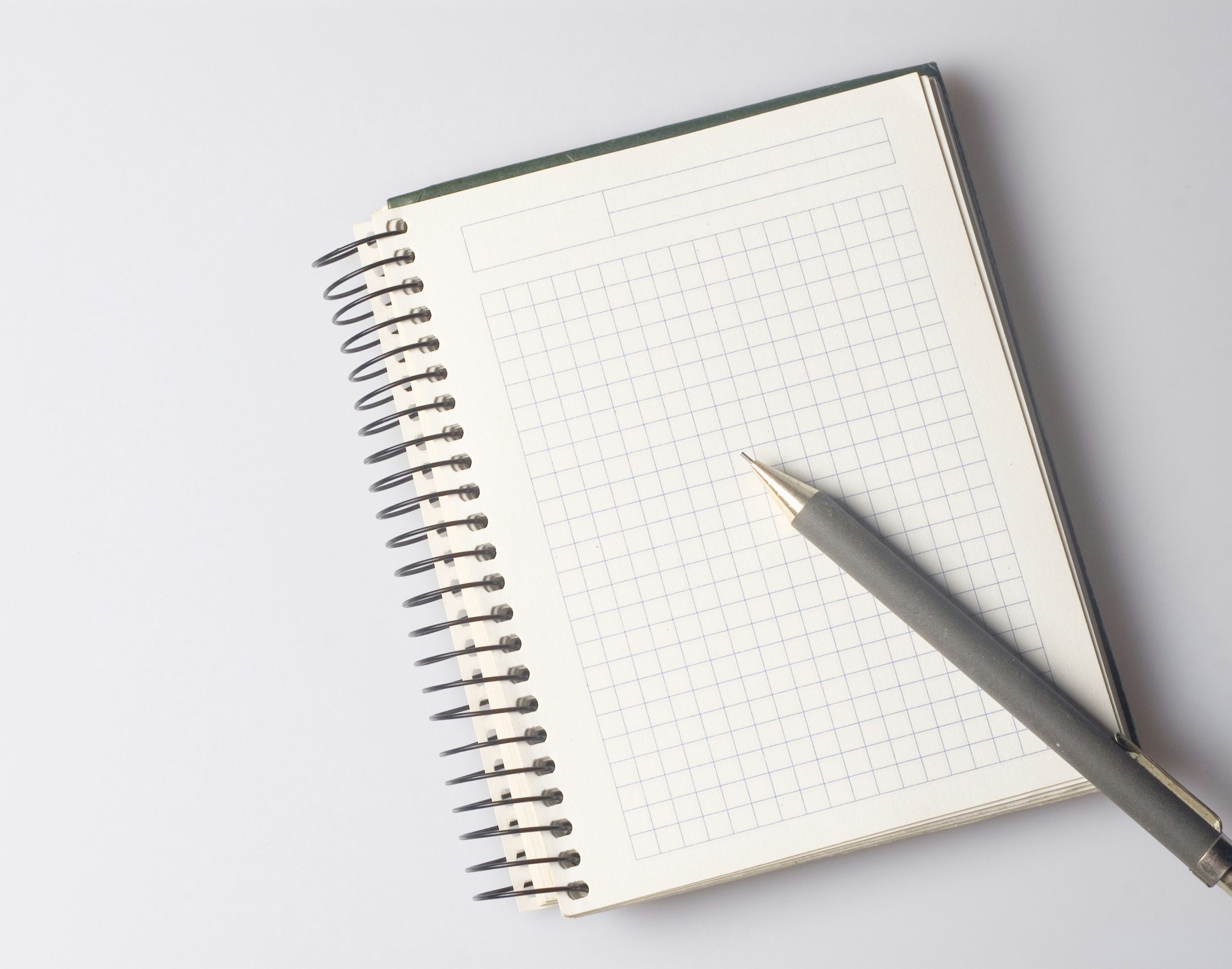 A blank notebook with a pen