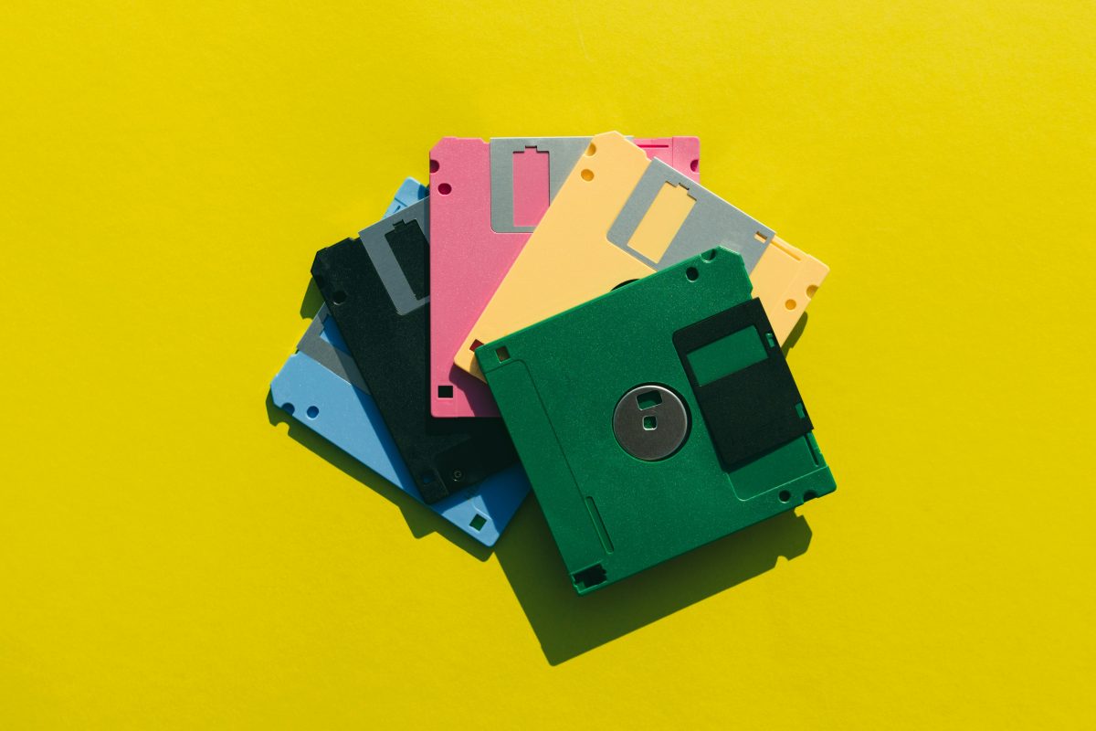 A colourful image of old fashioned floppy disc files